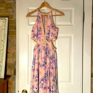 Floor length floral dress with side cut-outs, Size Medium